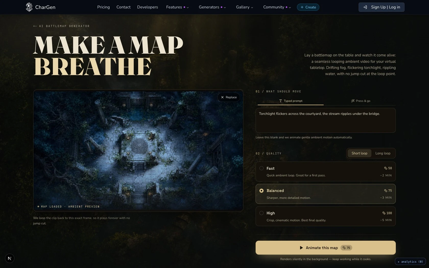 The Animated Battlemaps create screen: a battlemap loaded on the light table, a prompt field, quality tiers, and the looping result