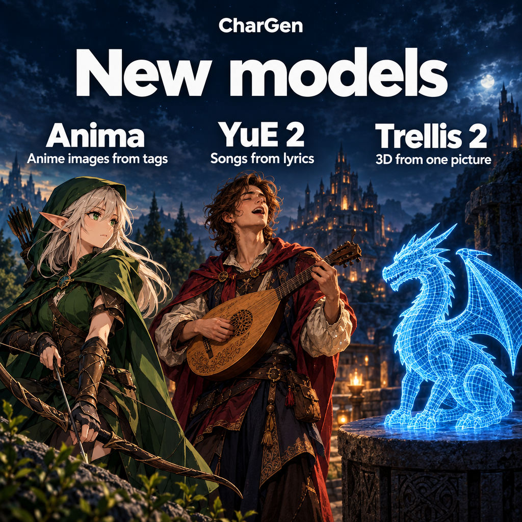 Anima, YuE 2, and Trellis 2