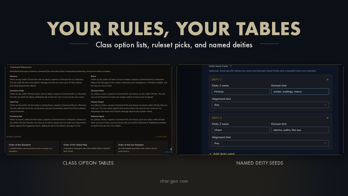 Class option tables, ruleset picks, and named deities