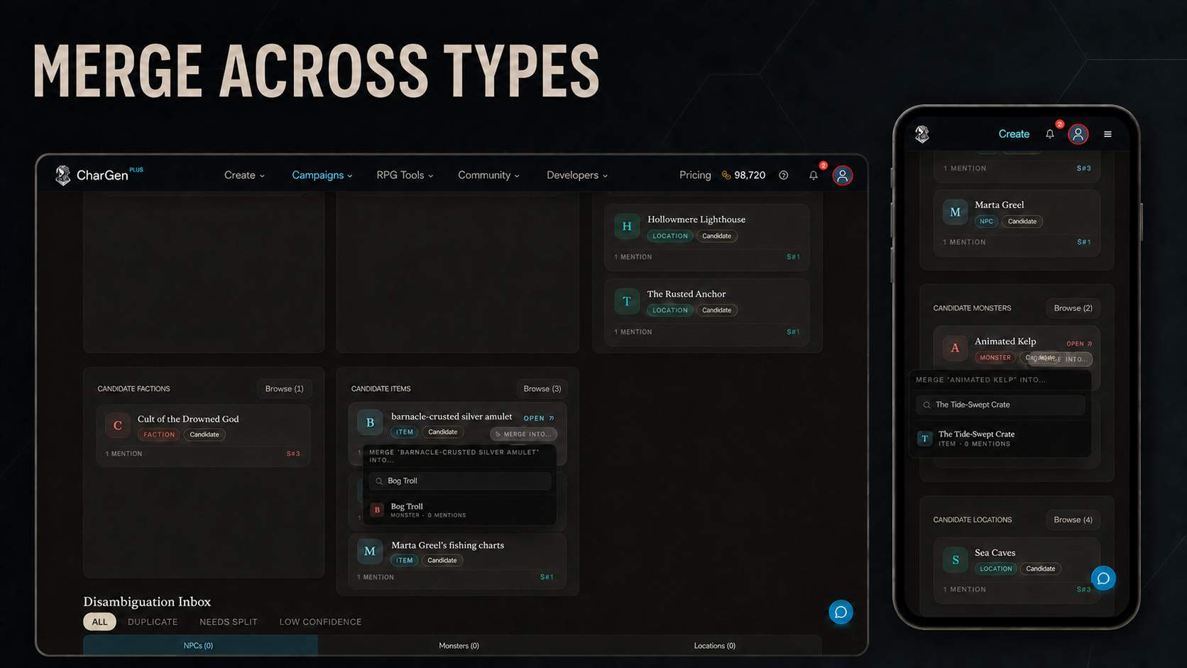 Merge campaign entities across types
