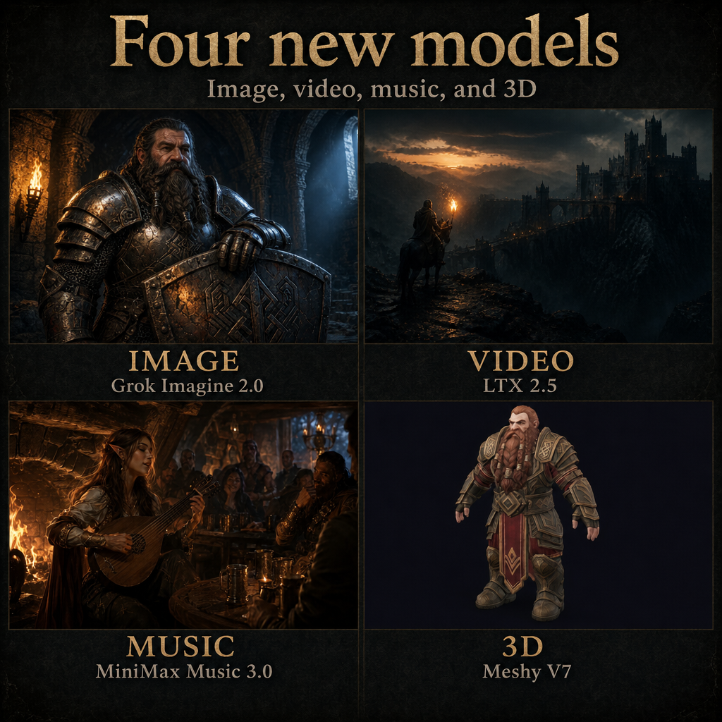 Four new models: Grok Imagine Image 2.0, LTX 2.5, MiniMax Music 3.0, Meshy V7