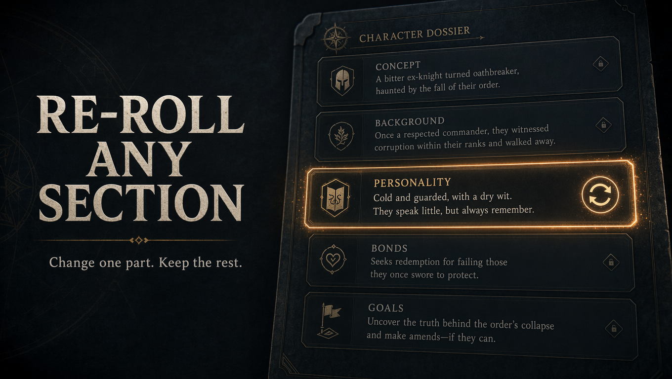 🎲 Re-roll any section, keep the rest
